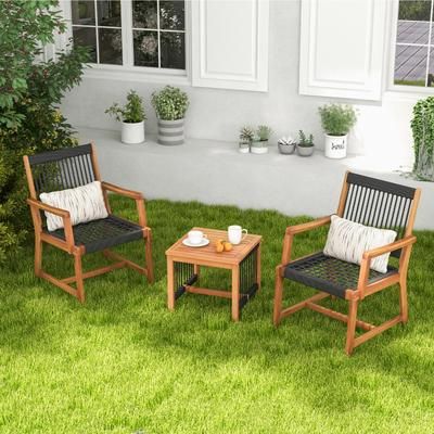 3 Piece Acacia Wood Patio Furniture Set, Outdoor Bistro Set With Armchairs & Coffee Table For Deck, Porch, Or Balcony 3 Piece Acacia Wood Patio Furniture Set, Outdoor Bistro Set With Armchairs & Coffee Table For Deck, Porch, Or Balcony