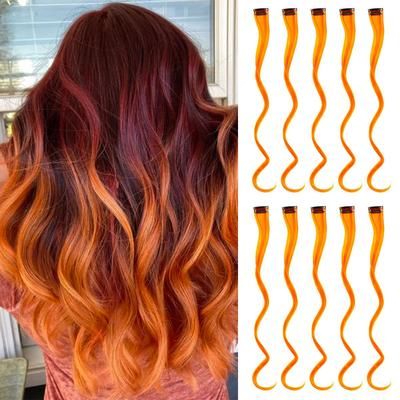 Colorful Curly Hair Extensions, Synthetic Long Hairpiece For Girls, Women & Kids (Perfect Party Wig) orange Red 22 Inches