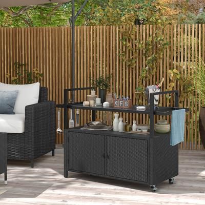 Outdoor Bar Cart Wicker Buffet Serving Cart With Cabinet & 8 Hooks Rolling Bar Table With Tempered Glass & PE Rattan Outdoor Bar Cart Wicker Buffet Serving Cart With Cabinet & 8 Hooks Rolling Bar Table With Tempered Glass & PE Rattan