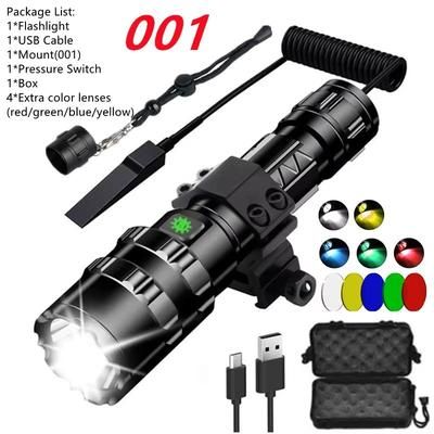 LED Tactical Flashlight With Gun Mount USB Rechargeable Waterproof Hunting Torch package F without Battery