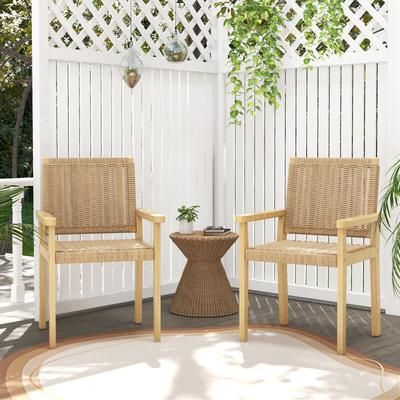 Indoor Outdoor Wood Chair Set Of 2, Rubber Wood Frame & Breathable Woven Seat For Patio, Dining, Or Living Room Indoor Outdoor Wood Chair Set Of 2, Rubber Wood Frame & Breathable Woven Seat For Patio, Dining, Or Living Room