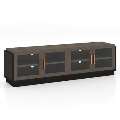 Modern Gray TV Stand, Tempered Glass Doors, Storage Cabinet & Adjustable Shelves For Living Room Entertainment Setup Modern Gray TV Stand, Tempered Glass Doors, Storage Cabinet & Adjustable Shelves For Living Room Entertainment Setup