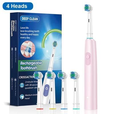 Electric Toothbrush With Rotating Brush Head, Rechargeable Rotary Toothbrush For Adults With Modes & Longer Battery Life pink 4 Heads