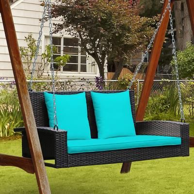 Outdoor 2 Person Porch Swing, Wicker Hanging Swing With Cushions (Seat + 2 Back Cushions) Outdoor 2 Person Porch Swing, Wicker Hanging Swing With Cushions (Seat + 2 Back Cushions)