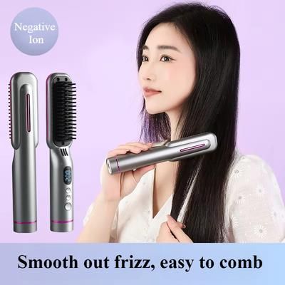 Wireless Hair Styler Negative Ion Comb, Hair Straightener & Curling Comb, LED Screen, Rechargeable Hot Comb Voluminous gray