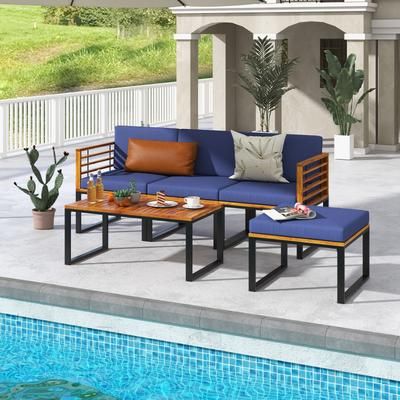 Acacia Wood 5 Piece Patio Set, Wood Chair, Ottoman & Coffee Table For Backyard & Deck Acacia Wood 5 Piece Patio Set, Wood Chair, Ottoman & Coffee Table For Backyard & Deck