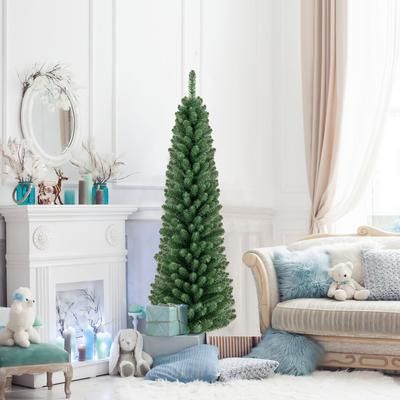 Pencil Christmas Tree With Memory Wire Branch Tips, Slim Artificial Tree With Metal Stand For Small Small Spaces & Easy Pencil Christmas Tree With Memory Wire Branch Tips, Slim Artificial Tree With Metal Stand For Small Small Spaces & Easy