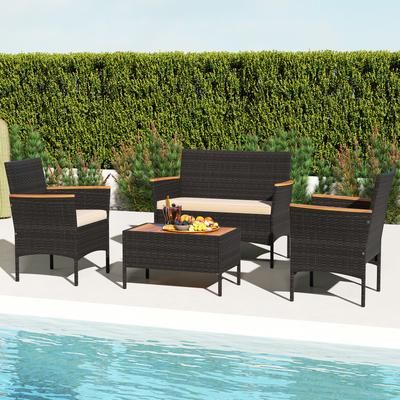 4 Piece Patio Wicker Sofa Set With 2 Rattan Chairs, Loveseat & Coffee Table Outdoor Acacia Wood Furniture 4 Piece Patio Wicker Sofa Set With 2 Rattan Chairs, Loveseat & Coffee Table Outdoor Acacia Wood Furniture