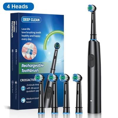 Electric Toothbrush With Rotating Brush Head, Rechargeable Rotary Toothbrush For Adults With Modes & Longer Battery Life black 4 Heads