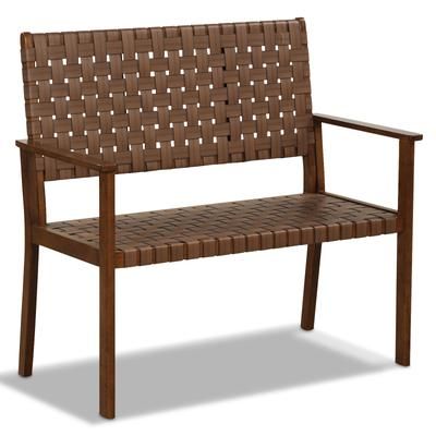 Hand Woven PU Leather Outdoor All Weather Bench With Solid Rubber Wood Frame, Elegant Patio Loveseat For Backyard, Pool Hand Woven PU Leather Outdoor All Weather Bench With Solid Rubber Wood Frame, Elegant Patio Loveseat For Backyard, Pool