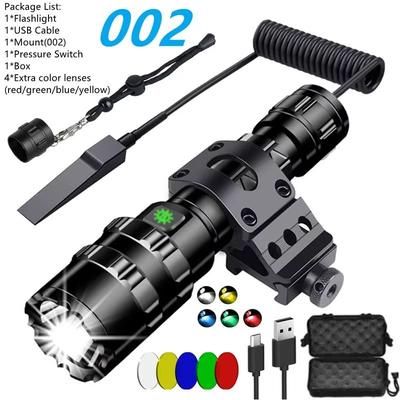 LED Tactical Flashlight With Gun Mount USB Rechargeable Waterproof Hunting Torch package I without Battery