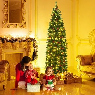6.5 Feet Pre lit Hinged Pencil Christmas Tree With LED Lights, Slim Artificial Xmas Tree W Pine Cones & Berries 6.5 Feet Pre lit Hinged Pencil Christmas Tree With LED Lights, Slim Artificial Xmas Tree W Pine Cones & Berries