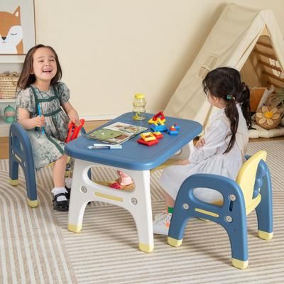 Premium Kids Table And 2 Chairs Set With Storage Shelf And Building Blocks, Durable HDPE Play & Learning Station Premium Kids Table And 2 Chairs Set With Storage Shelf And Building Blocks, Durable HDPE Play & Learning Station
