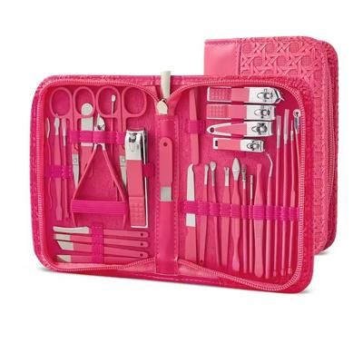 Professional Stainless Steel Manicure And Pedicure Set Grooming Kit With Scissors And Nail Tools 32pcs Rose Red