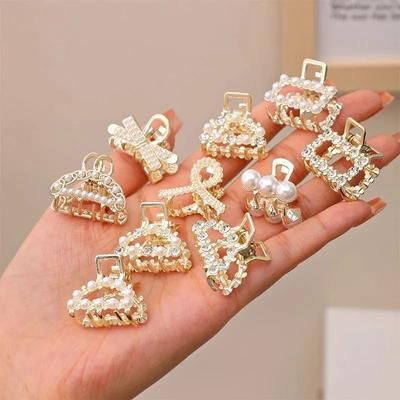 Small Rhinestone Pearls Geometric Metal Hair Claws For Women, Mini Hair Clips, Hairpins, Sweet Hair Accessories Set 10pcs