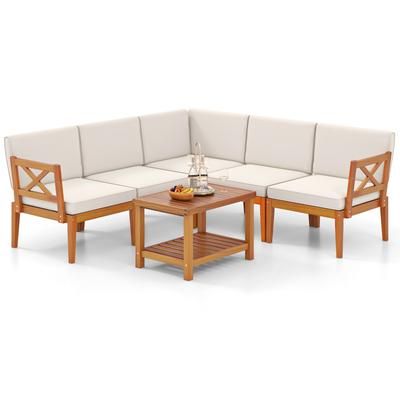 Outdoor Acacia Wood Patio Furniture Set With Cushions & Coffee Table, Modular Sectional Seating For Lawn, Poolside Outdoor Acacia Wood Patio Furniture Set With Cushions & Coffee Table, Modular Sectional Seating For Lawn, Poolside
