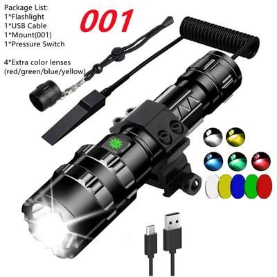 LED Tactical Flashlight With Gun Mount USB Rechargeable Waterproof Hunting Torch package E with Battery 2600mah