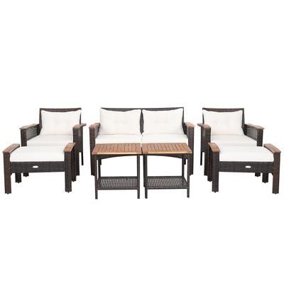Outdoor Patio Rattan Cushioned Conversation Set With Acacia Coffee Tables, Loveseat, Chairs & Ottomans, For Backyard Outdoor Patio Rattan Cushioned Conversation Set With Acacia Coffee Tables, Loveseat, Chairs & Ottomans, For Backyard