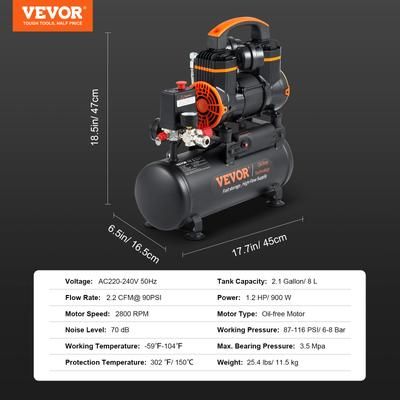 Quiet VEVOR Air Compressor Oil Free, Portable Silent Pump For Tire Inflation, Garage, Workshop & DIY Home Repair 8l 900w