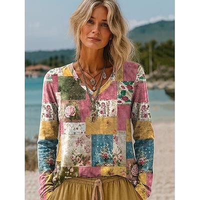 Maglietta donna manica lunga floreale grafica piante vintage elegante casual maniche lunghe scollo a V top regolari quotidiani stampa bianca verde chiaro rosa viola marrone primavera autunno