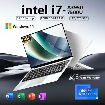 2025 Intel Core i7-7500U Intel A3950 Ultra Slim Laptop 14.1“ Windows 11 Notebook Computer 12GB RAM 1TB SSD Office Study Laptop