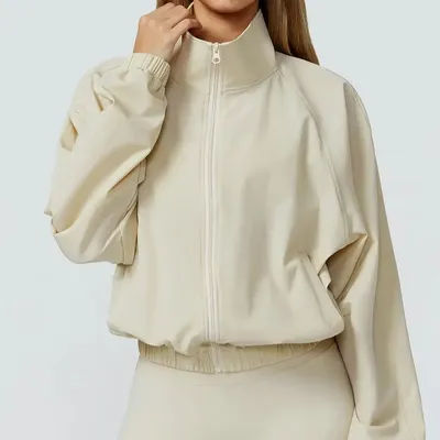 Women Sport Jacket Long Sleeve Shirt Gym Sportswear Quick Drying Stand Up Collar Zipper Top Windproof Outdoor Running Yoga Jacke