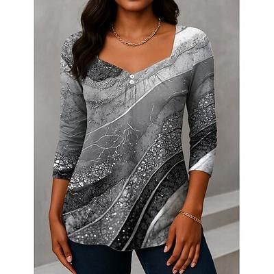 Per donna Maglietta Bottoni Stampato Ombre Grafico Vintage Moda Elegante Manica Lunga Scollo a V Collo asimmetrico Top Regolari Quotidiano Weekend Abbigliamento da vacanza Blu Giallo Viola Verde