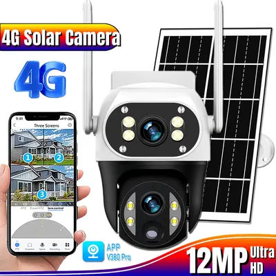 12MP Solar Panel 4G Dual Lens Triple Sreens Camera Outdoor Color Night Vision Monitor PIR Human Detect Security Protect Video