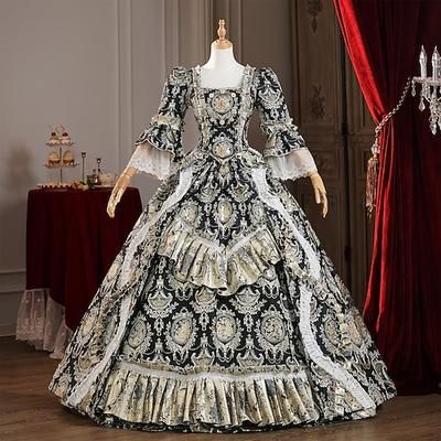 Vintage Rococò Rinascimento Maxi Vestito Normale A sbuffo Principessa regina Elisabetta Pieghettato Con Volant Principessa Collo quadrato Costume Per donna Halloween Carnevale Mascherata Feste