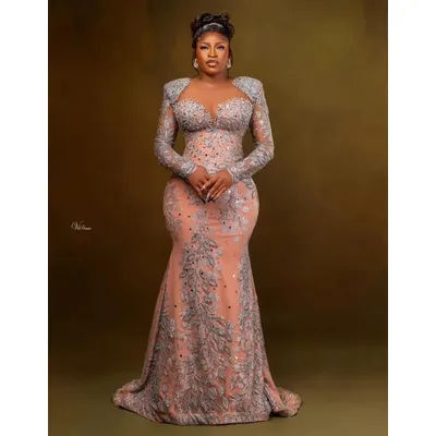 Customized African Aso Ebi Evening Dresses Mermaid Long Sleeves Lace Beaded Formal Party Gown Prom Dresses For Black Girls