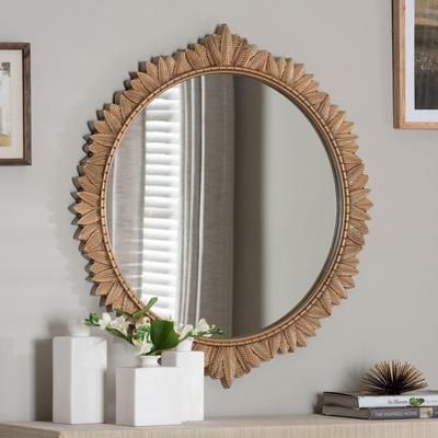 Caitlin Antique Gold Finished Wood Round Accent Wall Mirror with Carved Leaf Border by Baxton Studio in Antique Gold (Size OS)