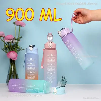 Bouteille d'eau de sport, tasse en paille graduée résistante aux hautes températures, tasse en plastique de couleur progressive givrée arc-en-ciel