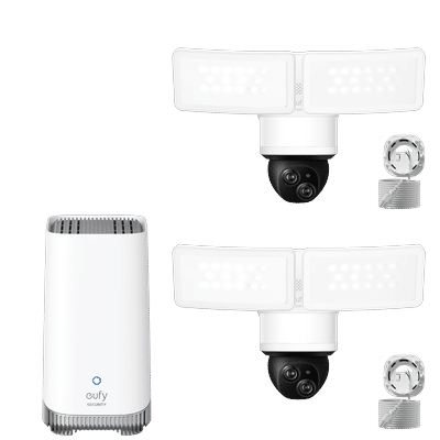 eufy Floodlight Camera E340 with AC Cable (2-Cam Kit) + eufy Homebase 3 White