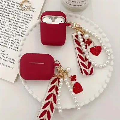Étui Airpods 1/2/3/4 en Silicone rouge vin pour Apple Airpods Pro2 et Pro, boîte de casque Bluetooth avec porte-clés en perles