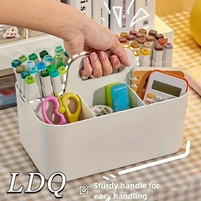 Portable 5-Compartment Storage Basket - Plastic Desk Organizer with Handle, Ideal for Pens, Pencils & Mixed-Color Stationery