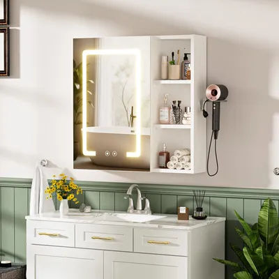 Wall-mounted anti-fog bathroom mirror cabinet With adjustable three-color LED light strip/hairdryer holder/UK plug For bathrooms