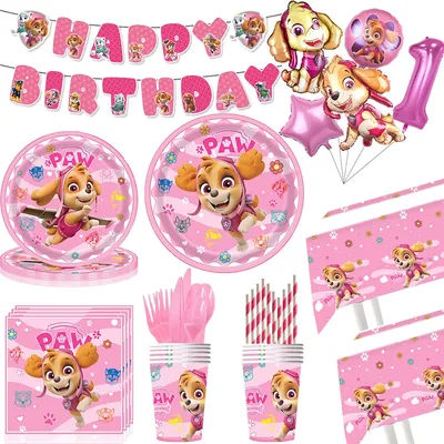 Cartoon Paw Patrol Birthday Decoration Pink Dogs Skye Disposable Tableware Cup Plate Tablecloth Girl Baby Shower Party Supplies