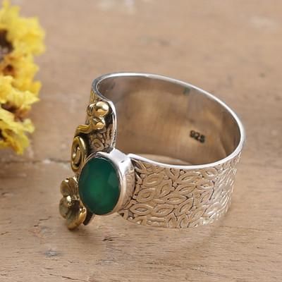 Garden Splendor,'Green Onyx Silver Cocktail Ring with Brass Floral Accent'