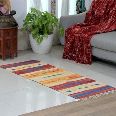 'Artisan-Made 2x5 Striped 100% Cotton Fringed Dhurrie Rug'
