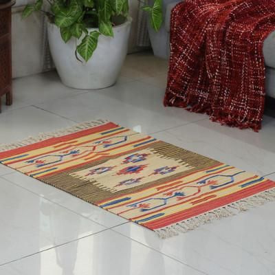 Echoes of Tradition,'Classic Handloomed 100% Cotton Fringed Dhurrie Rug (2x3)'