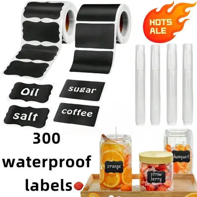 300Pcs/Roll Removable Blackboard Stickers With Erasable Pen Waterproof Chalkboard Labels Home Kitchen Spice Jars Bottles Tags