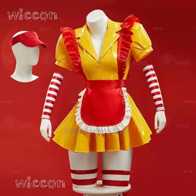 MC Cosplay Doujin Donald's Clothes Original Sexy Women PU Waitress Apron Uniforms Yellow Sexy Halloween Party Clothes Outfit