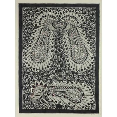 Madhubani painting, 'Courtly Peacocks'