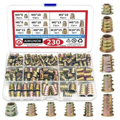 AIMUNOK 130/230PCS Zinc Alloy Furniture Threaded Insert Nuts Set - Multi-Size for Easy Assembly & Secure Installation