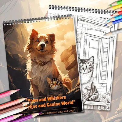 Cats and Dogs Coloring Book Adult Printed Single-sided 24 Pages, Handmade Art for Adults to Relieve Anxiety and Depression