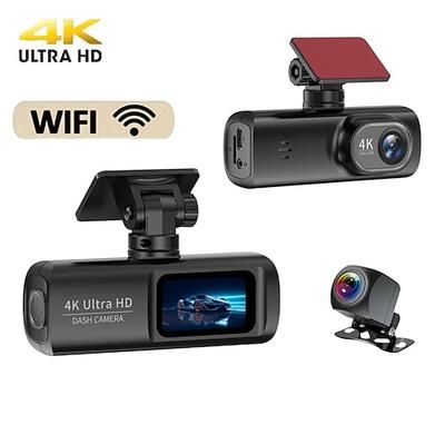 Dash cam ad alta definizione 4k anteriore e 1080p posteriore con doppio obiettivo, connettività mobile Wi-Fi, registrazione in loop tramite DVR per auto, dotata di una scheda di memoria da 32 GB.