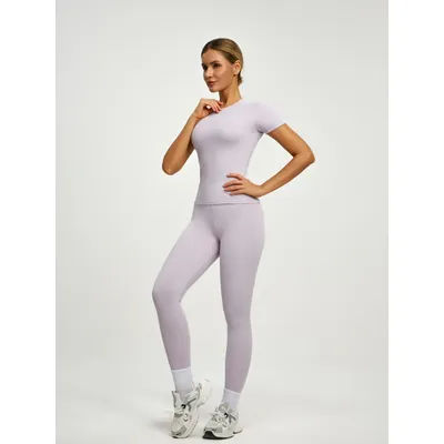 Fitfemme Women's Short Sleeve Yoga Outfit Set - Buttery Soft, High - Waisted Leggings and Fitted Top for Workout, Gym, Running
