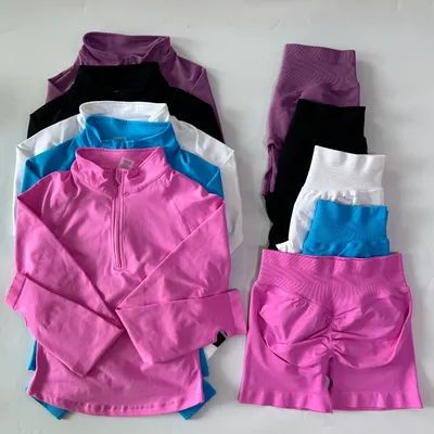 Pericic 2pcs Long Sleeve Yoga Set Women Half Zippy Jacket Longline Sports Top Gym Shorts Fitness Suits Running Coats Workout Set