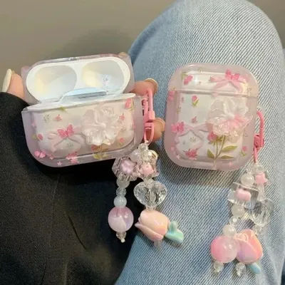 Cute Pink Flower Pattern Headphones Case For Airpods 4 Pro 2nd 3rd Generation Soft Cover For AirPods 1 2 3 With Pearl Keychain
