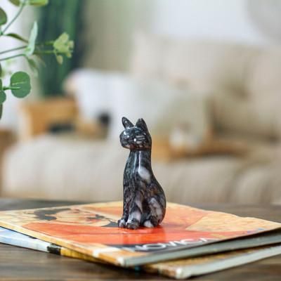 'Cat-Shaped Hand-Carved Small Grey Marble Accent Sculpture'